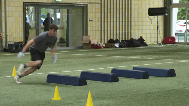 Aussie Joel Maddock completing drills at the NFL International Combine