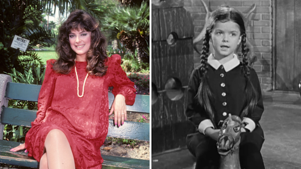 Actress Lisa Loring in 1983 next to her character Wednesday Addams in The Addams Family 1964