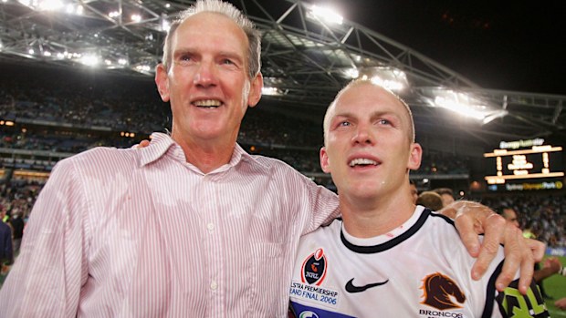 Wayne Bennett, coach of the Broncos and Darren Lockyer celebrate after winning the NRL Grand Final in 2006