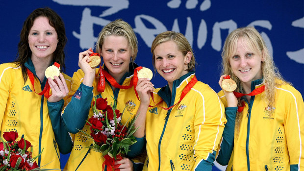 From left: Emily Seebohm, Leisel Jones, Libby Trickett and Jess Schipper celebrate winning gold in the 4x100m medley relay at Beijing 2008.