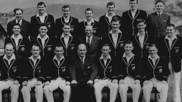 The Australian cricket team on their way to England. Barry Jarman on the right in the second row.