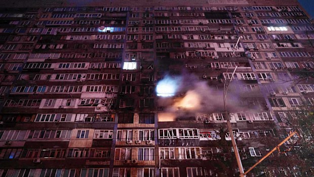 A residential building is damaged by a Russian strike on a residential neighborhood in Kyiv, Ukraine.