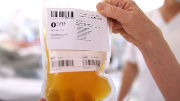 A bag containing blood plasma from a recovered Covid-19 patient.