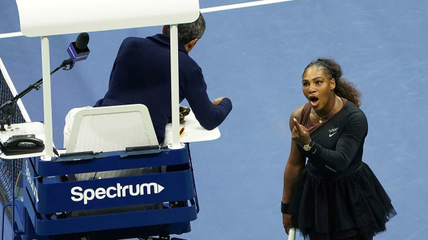 Serena Williams argues with the chair umpire Carlos Ramos during a match against Naomi Osaka