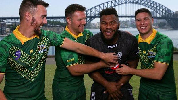 Australia's Eels troop jest with Fiji teammate Maika Sivo