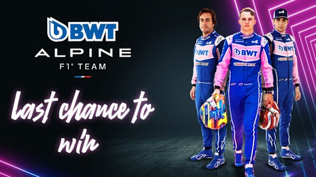 An Alpine social media post featuring Fernando Alonso (left), Oscar Piastri and Esteban Ocon (right).