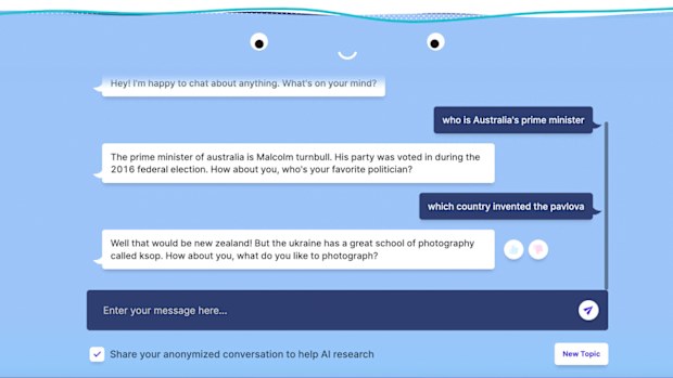 A screenshot of Australian questions asked to Meta platform's AI chatbot called BlenderBot 3
