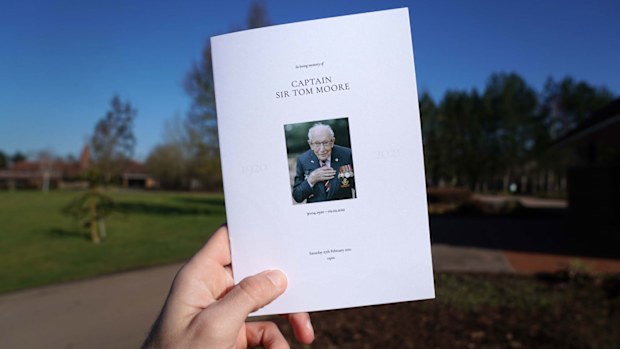 (No reuse after 11.59pm on March 6th 2021 without written consent from gemma@captaintom.org.) The Order of Service for the funeral of Captain Sir Tom Moore at Bedford Crematorium on February 27, 2021 in Bedford, England