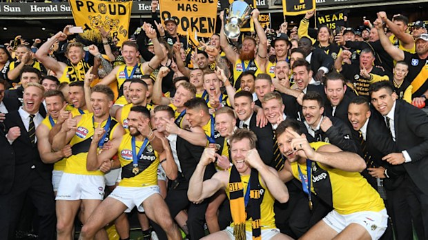 The Richmond team celebrate their AFL grand final victory last month. (Photo: AAP).