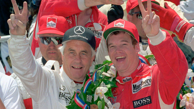 Al Unser Jr with team boss Roger Penske after winning the 1994 Indy 500.