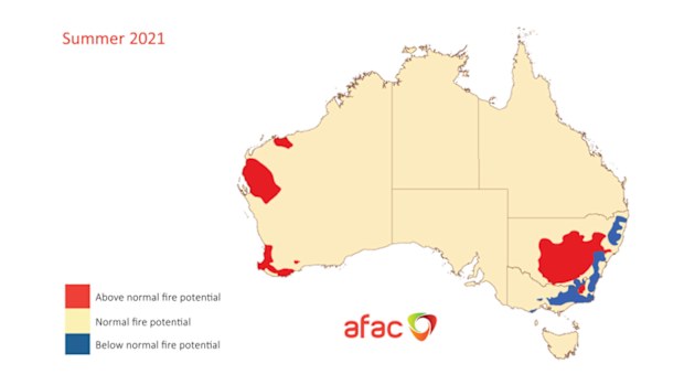 AFAC's map shows the higher and lower risk bushfire regions over summer.