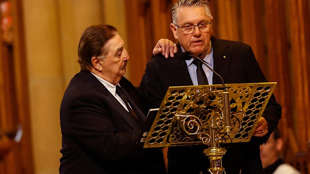 Ray Hadley (right) with Peter Peters at the State Funeral for Bob Fulton in 2021.