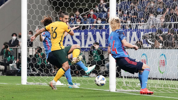 Aziz Behich of Australia scores an own goal during the FIFA World Cup Asian qualifier