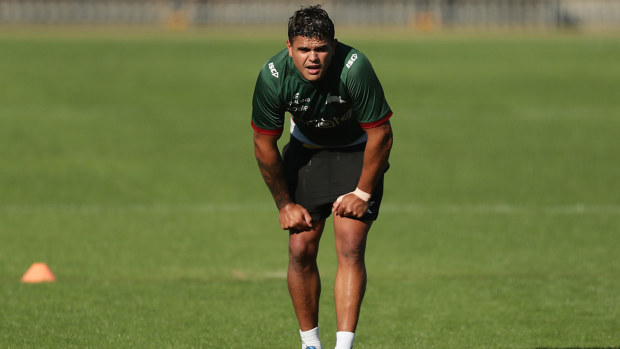 Latrell Mitchell of the Rabbitohs rests between runs during a South Sydney Rabbitohs NRL training session at Redfern Oval on May 06