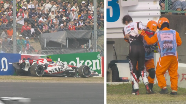 Ollie Bearman, Japonya'daki duvara çarptıktan sonra topallayarak uzaklaşıyor.