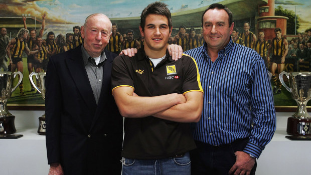 Josh Kennedy (C), son of four-time premiership player John Kennedy Junior (R) and grandson of three-time premiership coach John Kennedy Senior (L)