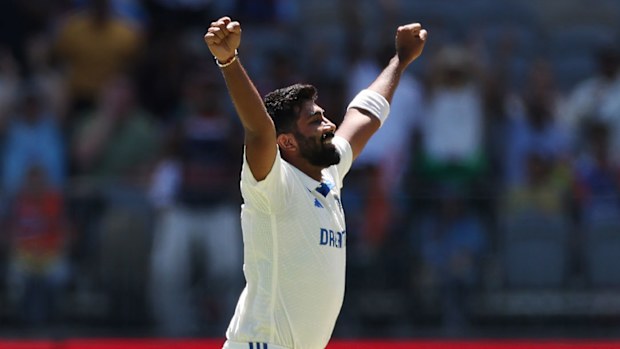 Jasprit Bumrah celebrates taking the wicket of Alex Carey in Perth.