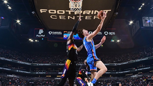 Josh Giddey #3 of the Oklahoma City Thunder drives to the basket