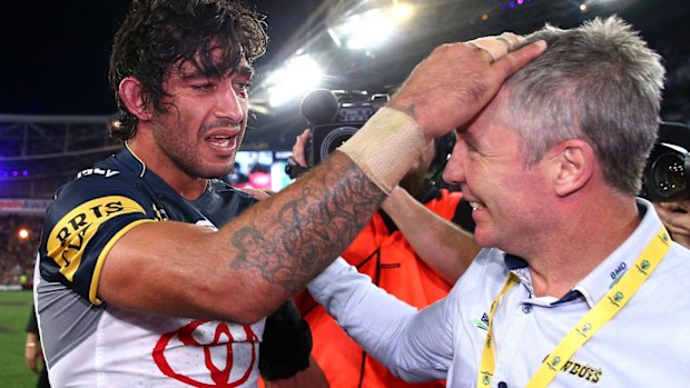 Johnathan Thurston and Paul Green celebrate after their iconic 2015 NRL premiership. 