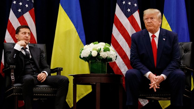 In this September 2019 file photo, President Donald Trump meets with Ukrainian President Volodymyr Zelenskiy in New York during the United Nations General Assembly.