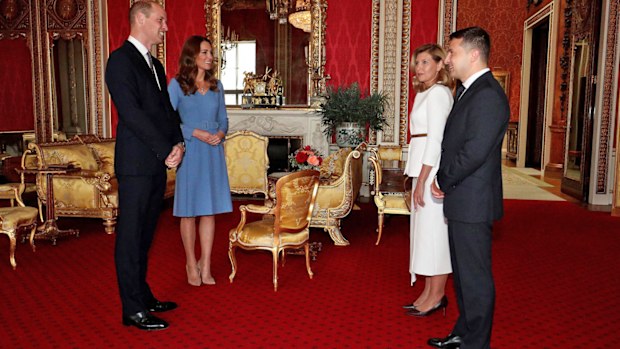 Prince William, Duke of Cambridge and Catherine, Duchess of Cambridge meet Ukraine's President Volodymyr Zelensky and his wife Olena during an audience at Buckingham Palace on October 7, 2020 in London, England.