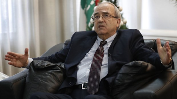Lebanese Justice Minister Albert Serhan, speaks during an interview with the Associated Press, in Beirut, Lebanon, Thursday, Jan. 2, 2020. Serhan says Lebanon has received an international wanted notice from Interpol for Nissan's ex-chair Carlos Ghosn