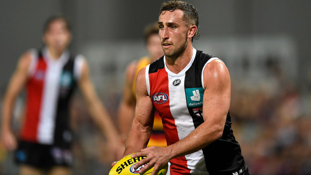 Luke Dunstan of the Saints in action during the round 13 AFL match between the St Kilda Saints and the Adelaide Crows at Cazaly's Stadium on June 12, 2021 in Cairns, Australia. (Photo by Albert Perez/AFL Photos/via Getty Images)