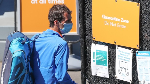 Tennis players are seen entering the Quarantine zone as they arrive to train at Melbourne Park on January 20, 2021 in Melbourne, Australia.