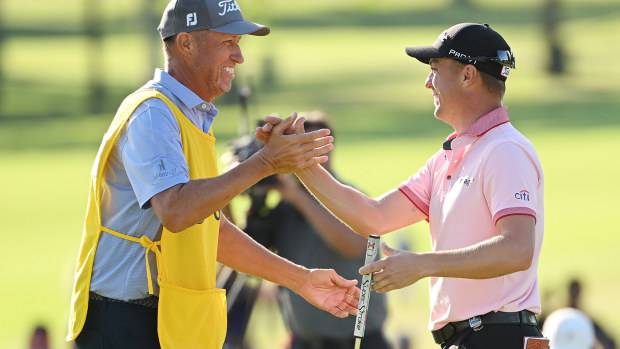 Caddie Jim 'Bones' Mackay and Justin Thomas after winning the PGA Championship.