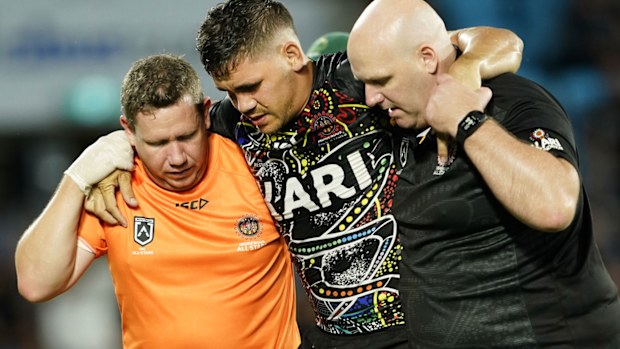 Chris Smith of the Indigenous All Stars comes off injured during the NRL Indigenous All-Stars vs Maori Kiwis match at CBus Super Stadium on the Gold Coast, Saturday, February 22, 2020
