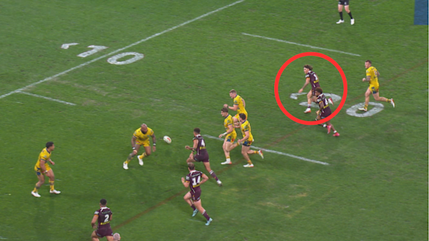 Reece Walsh is pinged by the Bunker for being offside in the kick chase.