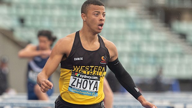Sasha Zhoya of Western Australia wins the U/18's 110 m men's final 