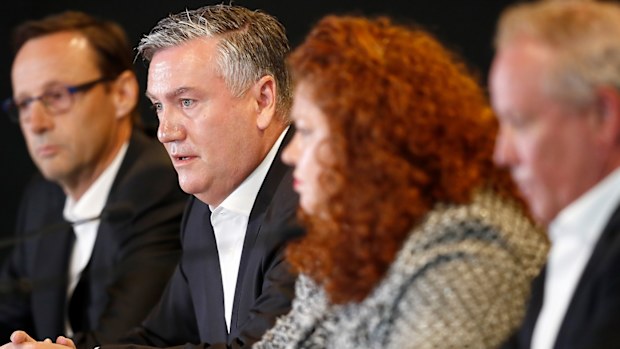 Collingwood CEO Mark Anderson, President Eddie McGuire, Collingwood Integrity Committee members Jodie Sizer and Peter Murphy speak to the media 