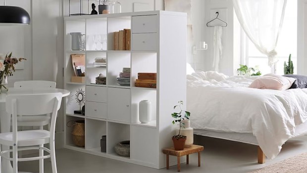 The Ikea Kallax unit used as a room divider
