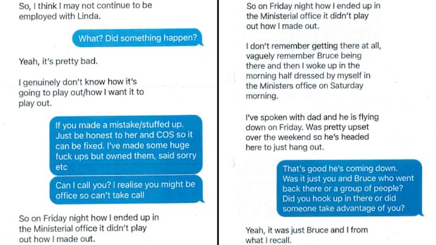 These text messages between Brittany Higgins and a friend discuss the alleged assault.