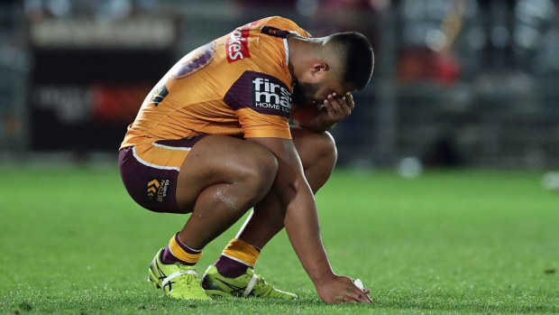 Payne Haas of the Broncos looks dejected during the round eight NRL match between the New Zealand Warriors and the Brisbane Broncos at Central Coast Stadium on July 04, 2020 in Gosford, Australia