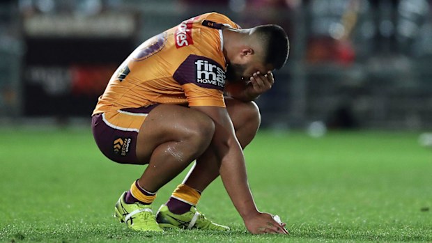Payne Haas of the Broncos looks dejected during the round eight NRL match between the New Zealand Warriors and the Brisbane Broncos at Central Coast Stadium on July 04, 2020 in Gosford, Australia