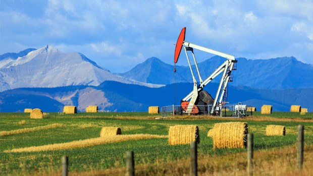 An oil rig pumpjack in Alberta, Canada.
