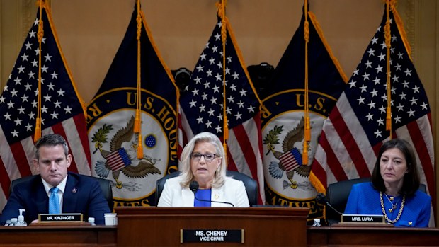 Representatives Adam Kinzinger, Liz Cheney and Elaine Luria at the January 6 committee public hearing.