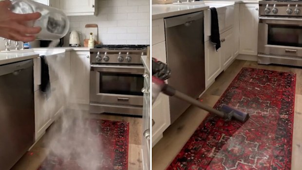 A woman sprinkles baking soda on a rug and then vacuums it to refresh it, cleaning hacks