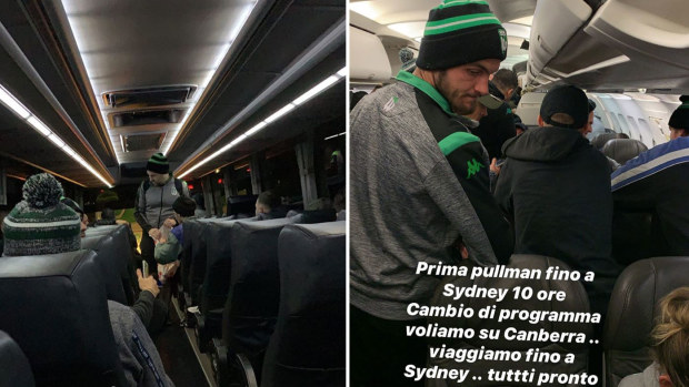 "First catch a bus to Sydney for 10 hours. Then change of program, we fly to Canberra" said Alino Diamanti on his Instagram story.