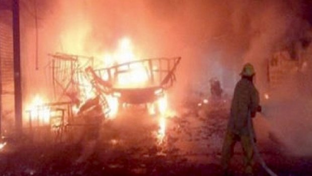 An image purports to show the warehouse alight after the explosion. (Supplied)