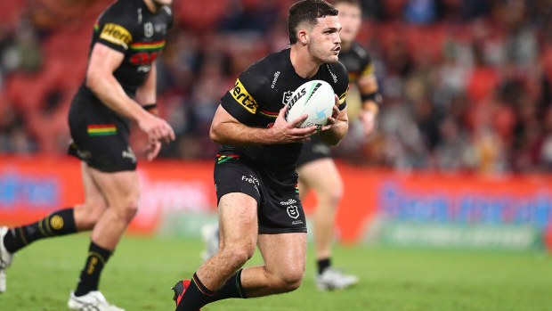Nathan Cleary of the Panther runs the ball during the round 22 NRL match between the St George Illawarra Dragons and the Penrith Panthers at Suncorp Stadium, on August 13, 2021, in Brisbane, Australia. (Photo by Chris Hyde/Getty Images)