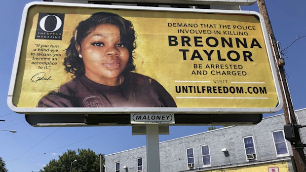 A billboard sponsored by O, The Oprah Magazine, is on display with with a photo of Breonna Taylor, Friday, Aug. 7, 2020 in Louisville, KY