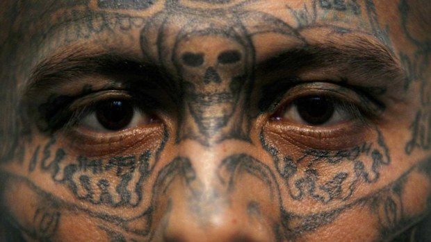The facial tattoos of an MS-13 gang member in a Honduras prison. (AAP)