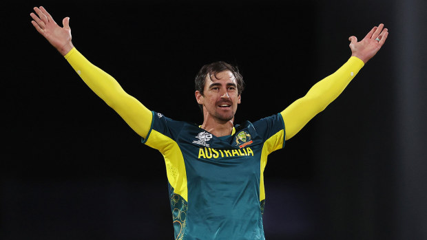 Mitchell Starc of Australia successfully appeals to dismiss Pratik Athavale of Oman (not pictured) LBW during the ICC Men's T20 Cricket World Cup West Indies & USA 2024 match between Australia  and Oman at  Kensington Oval on June 05, 2024 in Bridgetown, Barbados. (Photo by Matthew Lewis-ICC/ICC via Getty Images)