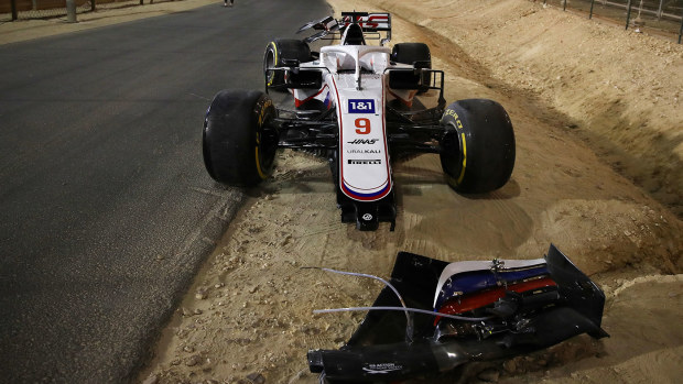 The remains of Nikita Mazepin's Haas after he crashed out of the Bahrain Grand Prix.