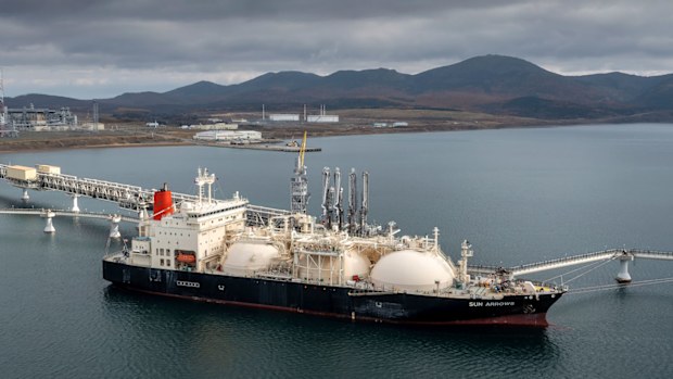 A tanker loads its cargo of liquefied natural gas from the Sakhalin-2 project in the port of Prigorodnoye, Russia