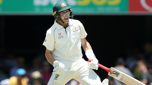 Marnus Labuschagne of Australia celebrates a century during day three 