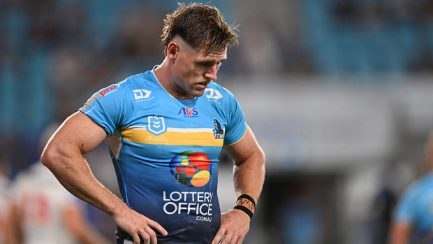 A dejected AJ Brimson after Gold Coast Titans' round one loss to the St George Illawarra Dragons.